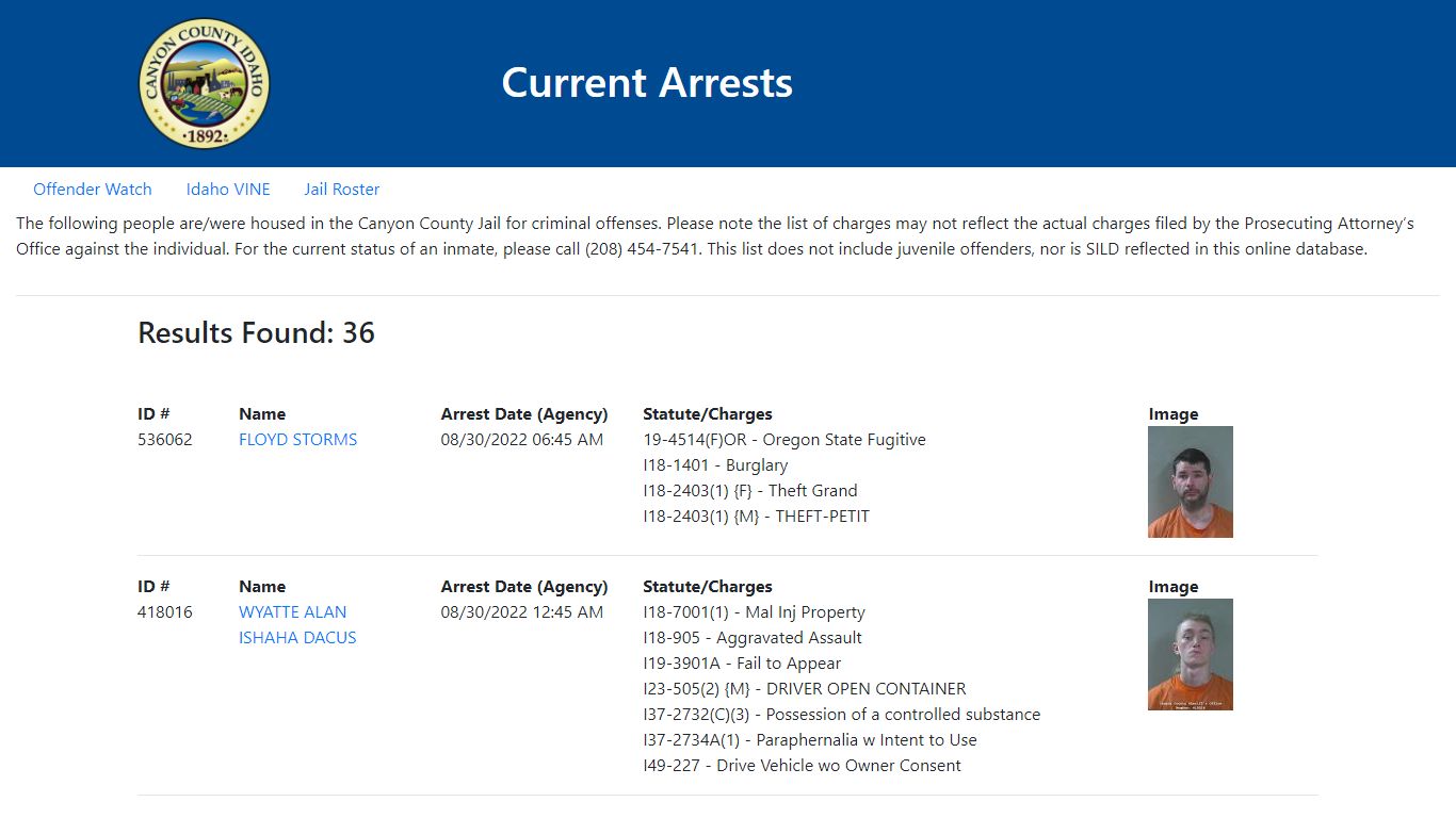 Current Arrests - Canyon County, Idaho